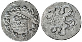 PERGAMON: ca. 190-133 BC, AR tetradrachm (12.53g), S-3944, cista mystica containing serpent, all within ivy wreath // bow in case, between 2 serpents,...