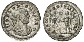 ROMAN EMPIRE: Florian, 276-276 AD, BI antoninianus (3.97g), Cyzicus, S-11851var, CONCORDIA MILITVM / Q, Victory holding palm, offering wreath to Flori...