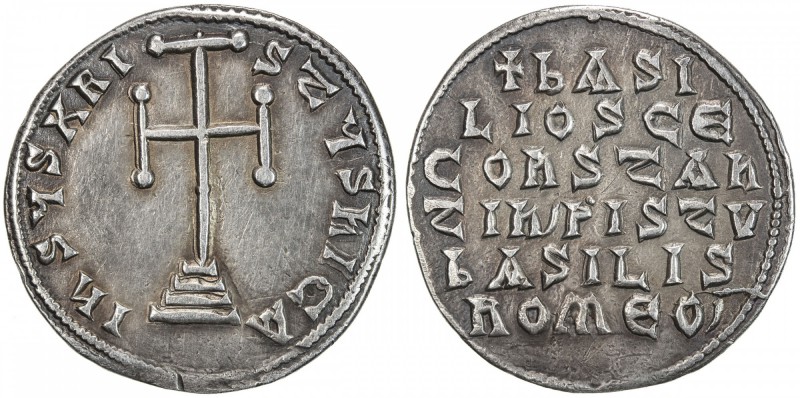 BYZANTINE EMPIRE: Basil I, the Macedonian, 867-886, AR millaresion (2.73g), Cons...