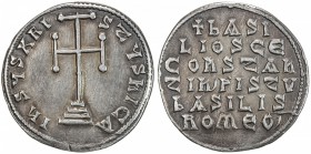 BYZANTINE EMPIRE: Basil I, the Macedonian, 867-886, AR millaresion (2.73g), Constantinople, S-1708, cross potent above 4 steps, large pellet below (re...