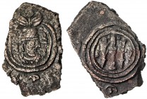 SASANIAN KINGDOM: Yazdigerd III, 631-651, AE rectangular pashiz (2.31g), ST (Istakhr), blundered date, G-—, 2nd series, struck in his regnal years 6 t...