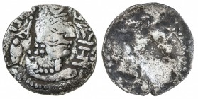 ALCHON HUNS: Mehama, fl. 461-493, AR drachm (3.74g), G-145, crowned bust right, with murex symbol in left field and tamgha in right // a few traces of...