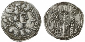 HUNNIC: Nezak Malka, ca. 630-711, AR drachm (3.99g), G-198, royal bust right, with bull's head crown // fire-altar & 2 attendants, wheel left & right,...
