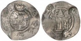 NORTHERN TOKHARISTAN: Kobadien, 6th century, AR drachm (2.73g), cf. Zeno-138259, style derived from the Sasanian drachm of Peroz (457-484) with two ta...