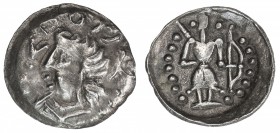 SAMARKAND: Anonymous, ca. 2nd-4th century, AR obol (0.70g), Alram-1252, bust left, dervied from Antiochus of Baktria, crude Greek legend around // arc...