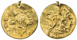CENTRAL ASIA: ca. 6th-8th century, AV burial token (1.15g), uniface burial piece derived from a gold solidus of the late Roman emperor Leo I (457-474)...