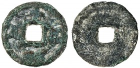 PAIKEND: Anonymous, 7th century, AE cash (1.38g), Zeimal-15, cf. Zeno-20047, Bukhara tamgha left & right, Chinese character shi (ten) below, Sogdian s...