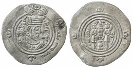 ARAB-SASANIAN: Khusraw type, ca. 653-670, AR drachm (3.72g), PL (probably al-Furat), YE35, A-4, very rare mint, closed after this type dated YE35 (al-...