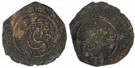 ARAB-SASANIAN: Mansur, ca. 700-705, AE pashiz (2.44g), ST (Istakhr), ND, A-C42, Gyselen-24, Sasanian bust, Arabic al-'izza lillah left, mansur // 5-li...