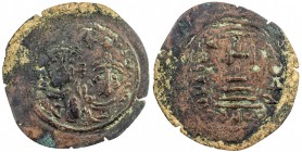ARAB-SASANIAN: Farrukhzad, ca. 695-699, AE pashiz (0.68g), NM, ND, A-43B, Gyselen-81var, two facing Byzantine busts, the taller one to left // patriar...
