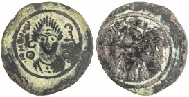 ARAB-SASANIAN: Anonymous, ca. 690-710, AE pashiz (1.48g), Bishapur, ND, A-42, Gyselen-7, single Byzantine-style facing bust // crowned human-headed bu...