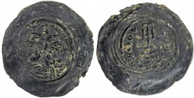 ARAB-SASANIAN: Anonymous, ca. 690-715, AE pashiz (1.15g), NM, ND, A-43B, Gyselen-81, two facing Byzantine-style busts // normal cross pattée on steps,...
