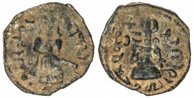 ARAB-BYZANTINE: Standing Caliph, ca. 692-697, AE fals (4.02g), Ma'arrat Masrin, ND, A-3534.1, Goodwin-395, anonymous, without the name of the caliph /...