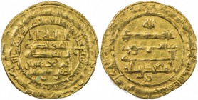 ABBASID: al-Muqtadir, 908-932, AV dinar (3.85g), Madinat al-Salam, AH307, A-245.2, Bernardi-242Jh, letter "R" below the reverse field, EF.