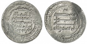 ABBASID: al-Muqtadir, 908-932, AR dirham (3.53g), Antakiya, AH308, A-246.2, clear mint & date, very slightly bent, VF.