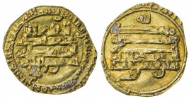 TULUNID: Khumarawayh, 884-896, AV dinar (2.94g), al-Rafiqa, A-664.1, Bernardi-193Hn, blundered date, perhaps intended for AH275, EF.
