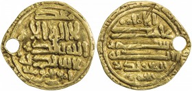 FATIMID: al-Mu'izz, 953-975, AV dinar (3.78g), [Sijilmasa], DM, A-697.2, obverse & reverse fields have several line horizontal inscriptions, pierced, ...
