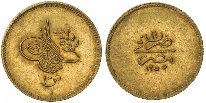 EGYPT: Abdul Mejid, 1839-1861, AV 100 qirsh, Misr, AH1255 year 11, KM-235.2, EF.