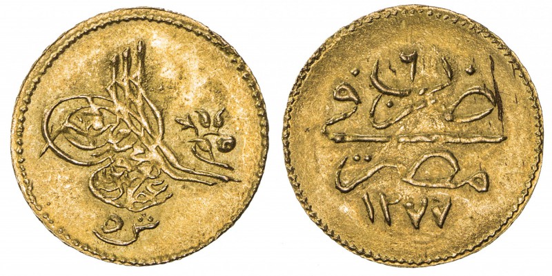 EGYPT: Abdul Aziz, 1861-1876, AV 5 qirsh (0.44g), Misr, AH1277 year 6, KM-255, s...