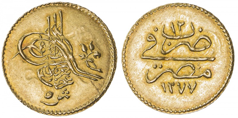 EGYPT: Abdul Aziz, 1861-1876, AV 5 qirsh (0.43g), Misr, AH1277 year 12, KM-255, ...