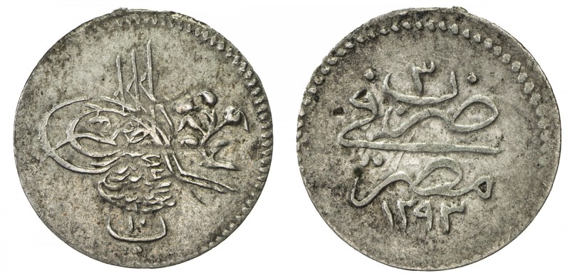 EGYPT: Abdul Hamid II, 1876-1909, AR 10 para (0.24g), Misr, AH1293 year 3, KM-27...