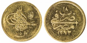 EGYPT: Abdul Hamid II, 1876-1909, AV 5 qirsh (0.43g), Misr, AH1293 year 18, KM-298, Brilliant UNC.