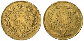 TUNIS: Muhammad al-Sadiq Bey, 1859-1882, AV 10 piastres (1.87g), Tunis, AH1288, KM-150, citing the Ottoman sultan Abdul Aziz, mount removed, F-VF.