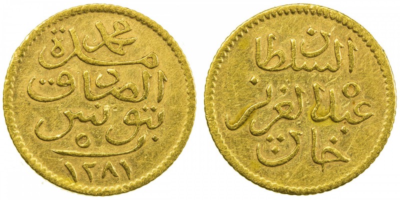TUNIS: Muhammad al-Sadiq Bey, 1859-1882, AV 5 piastres (0.92g), Tunis, AH1281, K...