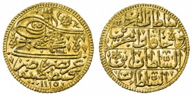 TURKEY: Ahmad III, 1703-1730, AV ashrafi (esrefi) (3.47g), Kostantiniye, AH1115, KM-170, uncertain initial, interpereted as Arabic letter "H" by UBK, ...