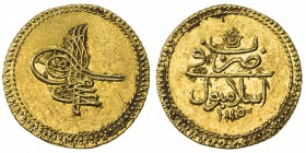 TURKEY: Ahmad III, 1703-1730, AV sultani (findik) (3.49g), Islambul, AH1115, KM-173, initial #16, choice EF-AU.