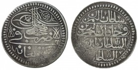 TURKEY: Mahmud I, 1730-1754, AR yirmilik (20 para) (13.92g), Gümüshane, AH1143, KM-207, initial #12; one area or weakness on both sides (because the f...