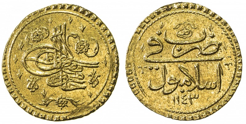 TURKEY: Mahmud I, 1730-1754, AV sultani (findik) (3.49g), Islambul, AH1143, KM-2...