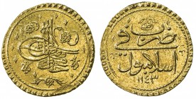 TURKEY: Mahmud I, 1730-1754, AV sultani (findik) (3.49g), Islambul, AH1143, KM-225, initial #9, cleaned, EF.