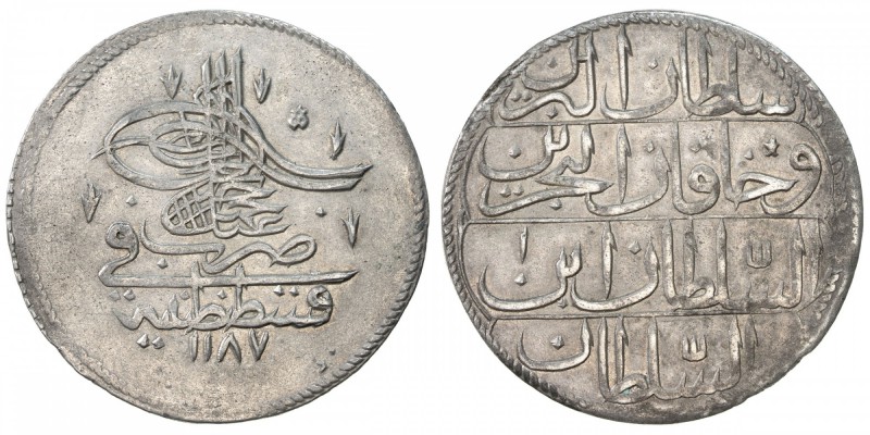 TURKEY: Abdul Hamid I, 1774-1789, AR piastre (18.58g), Kostantiniye, AH1187 year...