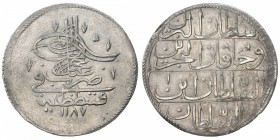TURKEY: Abdul Hamid I, 1774-1789, AR piastre (18.58g), Kostantiniye, AH1187 year 1, KM-368, first toughra, used only during a few months of his first ...
