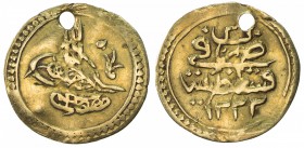 TURKEY: Mustafa IV, 1807-1808, AV ¼ sultani (0.71g), Kostantiniye, AH1222 year 2, KM-543.1, pierced (as usual!), VF, RR.