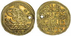 TURKEY: Mustafa IV, 1807-1808, AV zeri mahbub (2.36g), Kostantiniye, AH1222 year 1, KM-544, pierced (as usual), VF-EF, R.