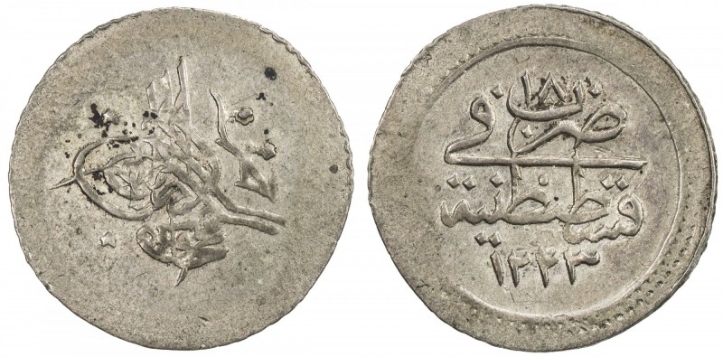 TURKEY: Mahmud II, 1808-1839, AR 5 para (0.74g), Kostantiniye, AH1223 year 18, K...