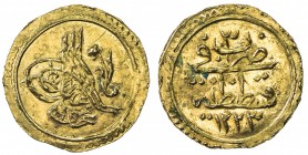 TURKEY: Mahmud II, 1808-1839, AV ¼ zeri mahbub (rubiye) (0.79g), Kostantiniye, AH1223 year 3, KM-605, UNC.
