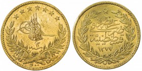 TURKEY: Abdul Aziz, 1861-1876, AV 500 kurush, Kostantiniye, AH1277 year 13, KM-698, AGW 1.0638 oz; some light surface hairlines, choice AU.