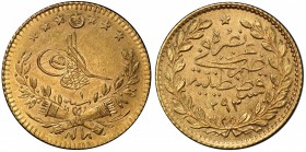 TURKEY: Murad V, 1876, AV 25 kurush, Kostantiniye, AH1293 year 1, KM-713, lovely example, PCGS graded AU58.