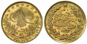 TURKEY: Abdul Hamid II, 1876-1909, AV 50 kurush, Kostantiniye, AH1293 year 34, KM-731, key date, lustrous Brilliant UNC.