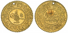 TURKEY: Abdul Hamid II, 1876-1909, AV 25 kurush, Kostantiniye, AH1293 year 34, KM-739, monnaie-de-luxe type, pierced, AU.