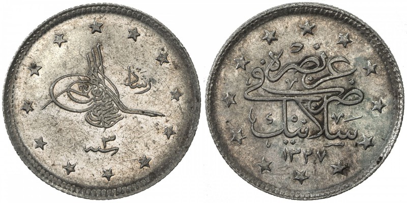 TURKEY: Mehmet V, 1909-1918, AR 2 kurush, Salanik, AH1327 year 3, KM-808, for th...