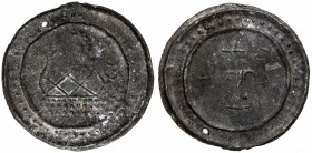 TENASSERIM-PEGU: Anonymous, 17th-18th century, cast large tin coin (41.10g), Robinson-26 ff (Plate 10.2, 10.3, and 10.4), 68mm, stylized image of the ...