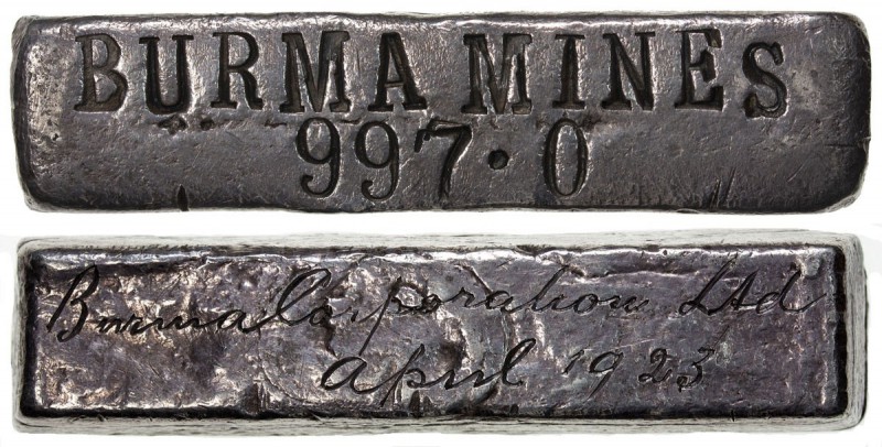 BURMA: AR ingot (129.89g), BURMA MINES / 997.0 (fineness), hand engraved company...