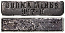 BURMA: AR ingot (129.89g), BURMA MINES / 997.0 (fineness), hand engraved company name in English cursive script and date, April 1923, very unusual sil...