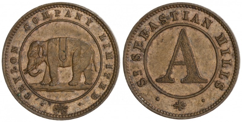 CEYLON: AR token, ND (1886), Prid-17/19, 19mm, Ceylon Company Limited, elephant ...