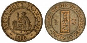 FRENCH INDOCHINA: AE cent, 1888, KM-1, partial red luster, AU-UNC.