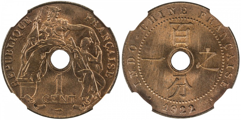 FRENCH INDOCHINA: cent, 1920-A, KM-12.3, thunderbolt mintmark, NGC graded MS65 R...